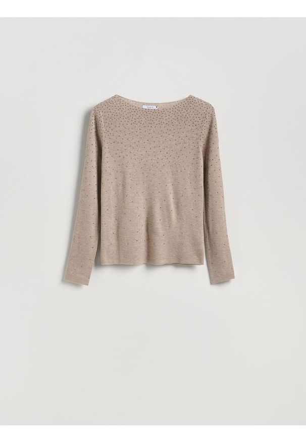 Reserved - Sweter z błyszczącą aplikacją - brązowy. Kolor: brązowy. Materiał: wełna, dzianina. Wzór: aplikacja