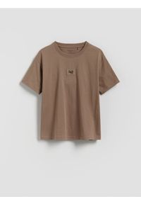 Reserved - Bawełniany t-shirt oversize - beżowy. Kolor: beżowy. Materiał: bawełna