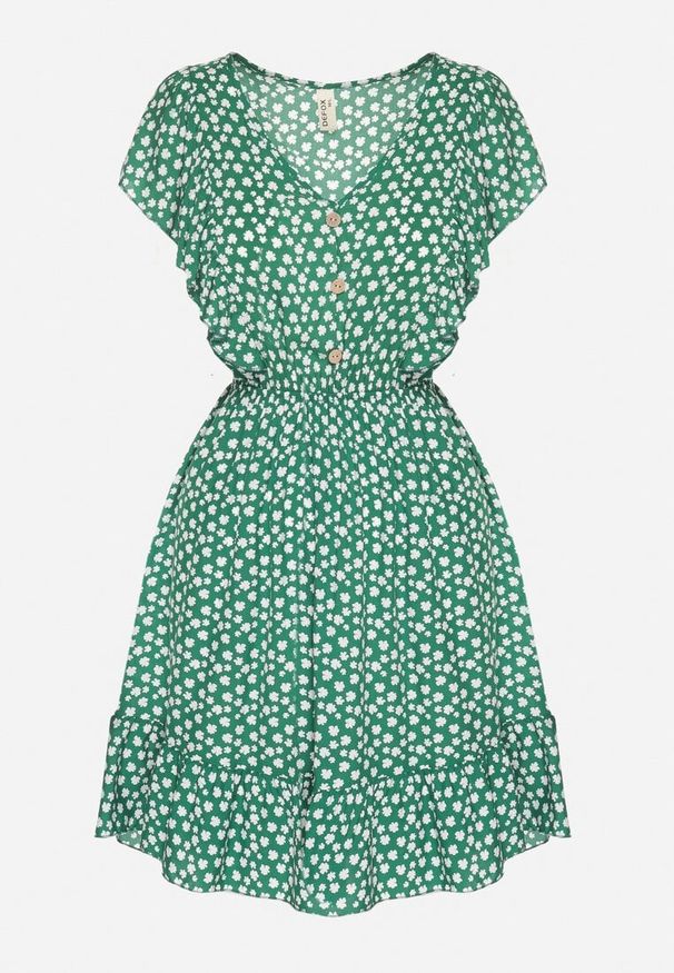 Born2be - Zielona Rozkloszowana Sukienka z Bawełny w Kwiaty z Guzikami Ronelle. Okazja: na co dzień, na randkę, na spacer. Kolor: zielony. Materiał: bawełna. Wzór: kwiaty. Typ sukienki: proste, rozkloszowane. Styl: elegancki, casual