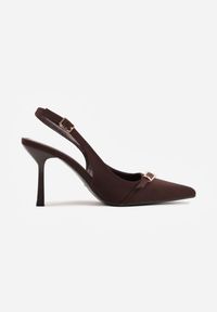 Renee - Brązowe Sandały Slingback na Klepsydrowym Obcasie Zdobione Klamerką Skodrifa. Kolor: brązowy. Wzór: aplikacja. Obcas: na obcasie. Styl: elegancki. Wysokość obcasa: średni #8