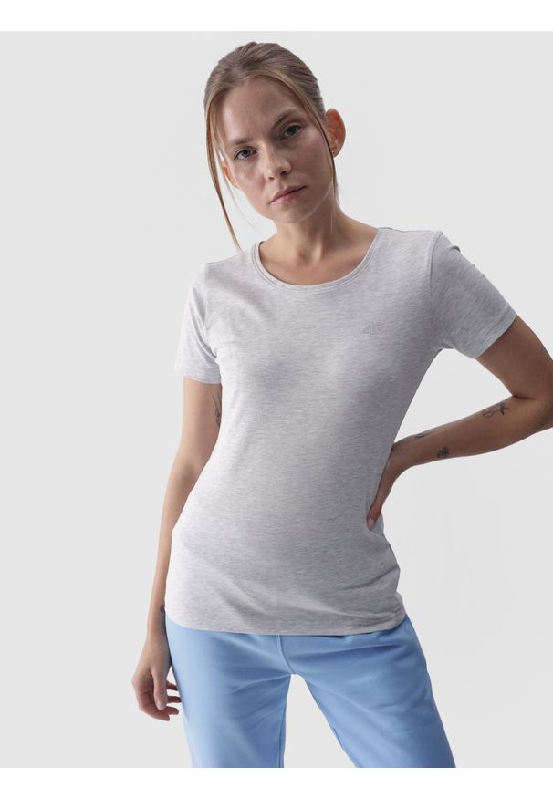 4f - 4F T-shirt slim gładki damski - szary XS. Okazja: na co dzień. Kolor: szary. Materiał: dzianina, bawełna, jersey, materiał, elastan. Długość rękawa: krótki rękaw. Długość: krótkie. Wzór: gładki. Styl: sportowy, casual