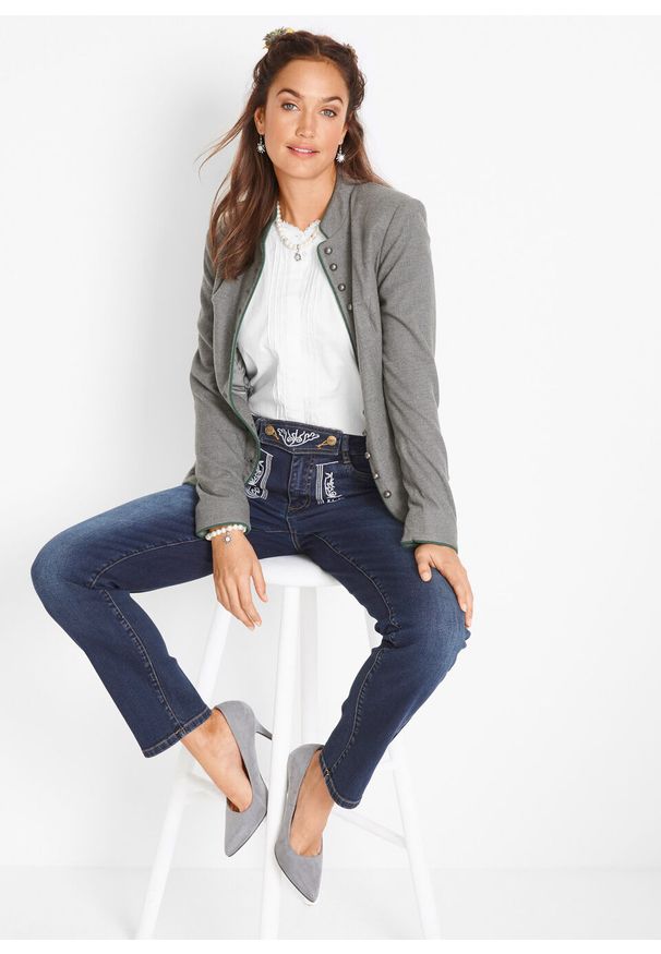 Dżinsy ludowe STRAIGHT z haftem bonprix ciemny denim. Kolor: czarny. Wzór: haft