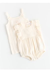 Reserved - Muślinowe body z falbanką - kremowy. Kolor: kremowy. Materiał: tkanina, bawełna