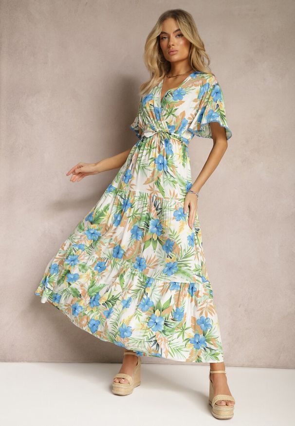 Renee - Biało-Zielona Sukienka na Lato Maxi w Kwiaty z Gumką i Wiązanym Paskiem w Talii Uveilla. Kolor: biały. Wzór: kwiaty. Sezon: lato. Długość: maxi