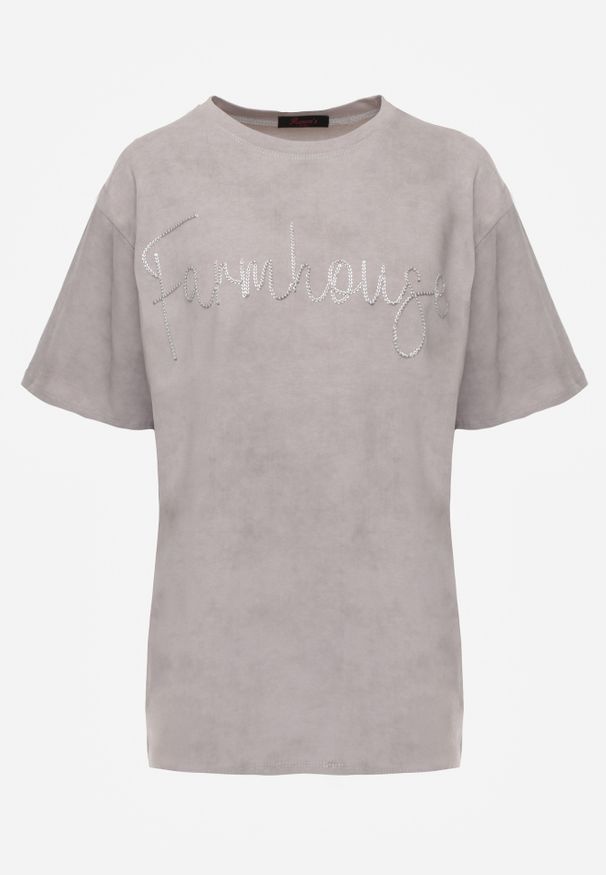 Renee - Szary Oversizowy T-shirt z Bawełny Zdobiony Haftem z Cekinami Marivia. Okazja: na co dzień. Kolor: szary. Materiał: bawełna. Wzór: aplikacja, haft. Styl: elegancki, casual