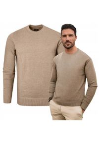 Bawełniany Sweter Męski, Okrągły Dekolt - Pako Jeans - Beżowy. Kolor: brązowy, wielokolorowy, beżowy. Materiał: bawełna. Styl: klasyczny, elegancki
