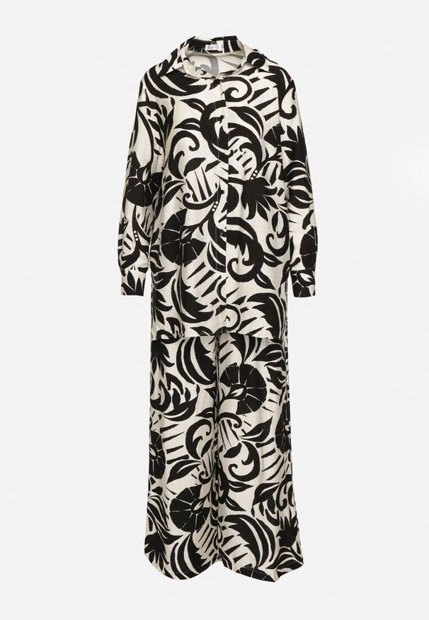 Born2be - Czarno-Biały Wiskozowy Komplet Koszula z Długim Rękawem i Szerokie Spodnie Xiseria. Kolor: czarny. Materiał: wiskoza