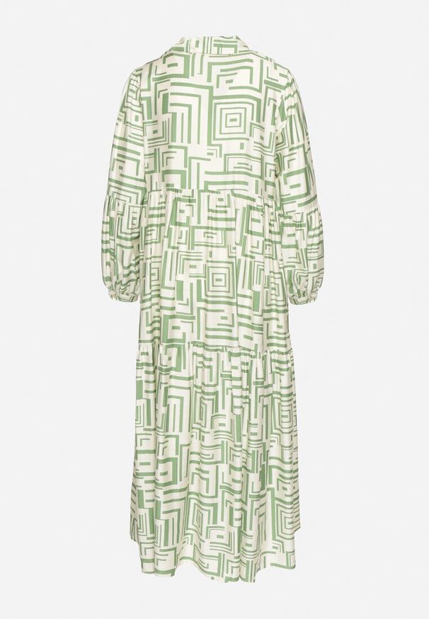 Born2be - Zielona Rozkloszowana Sukienka Koszulowa z Wiskozą w Geometryczny Wzór Alineria. Okazja: na co dzień. Kolor: zielony. Materiał: wiskoza. Wzór: geometria. Typ sukienki: koszulowe. Styl: elegancki, casual, klasyczny