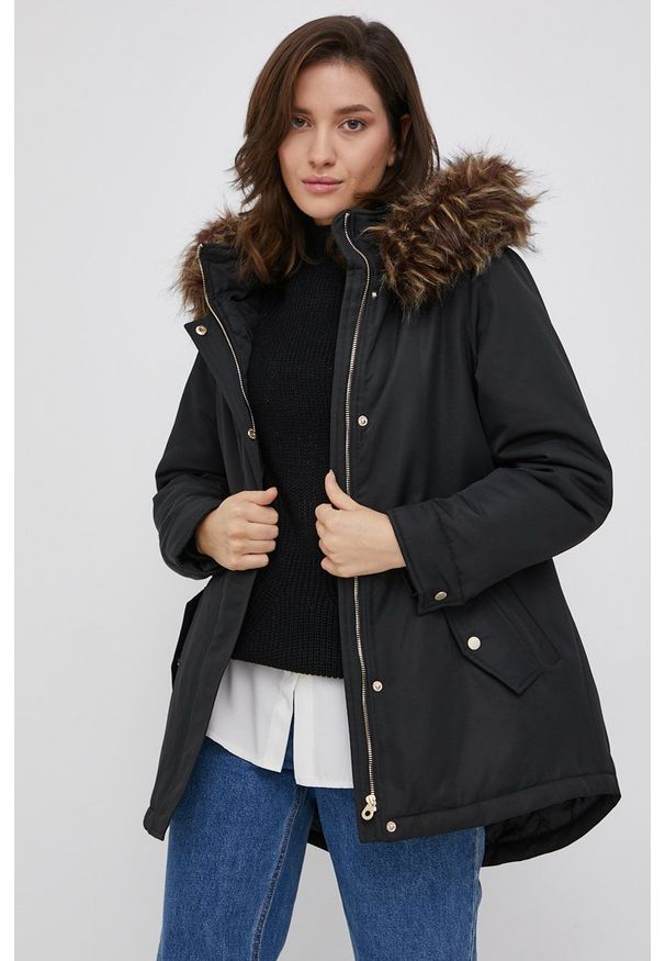 only - Only Parka damska kolor czarny przejściowa. Kolor: czarny. Materiał: futro, materiał. Wzór: gładki