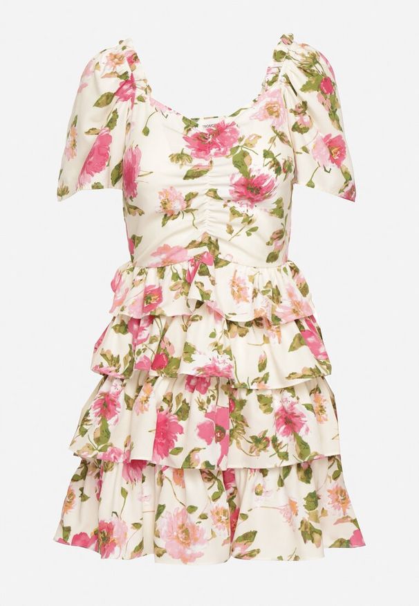 Born2be - Beżowo-Różowa Sukienka z Bufiastymi Rękawami i Falbanami Ceragia. Okazja: na wesele, na randkę, na ślub cywilny. Kolor: beżowy. Wzór: kwiaty. Styl: elegancki, klasyczny