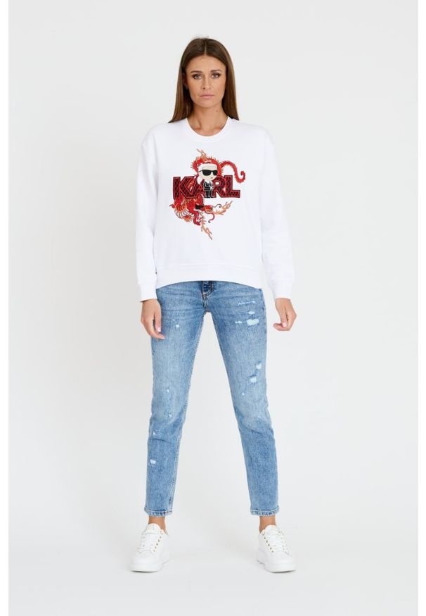 Karl Lagerfeld - KARL LAGERFELD Biała damska bluza ikonik lny, Rozmiar S. Kolor: biały. Materiał: len. Wzór: haft