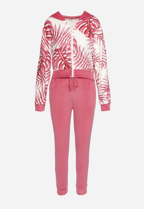 Born2be - Różowy Komplet Dresowy z Weluru Bluza z Kapturem z Ozdobnym Wzorem i Spodnie Grouvia. Kolor: różowy. Materiał: dresówka, welur