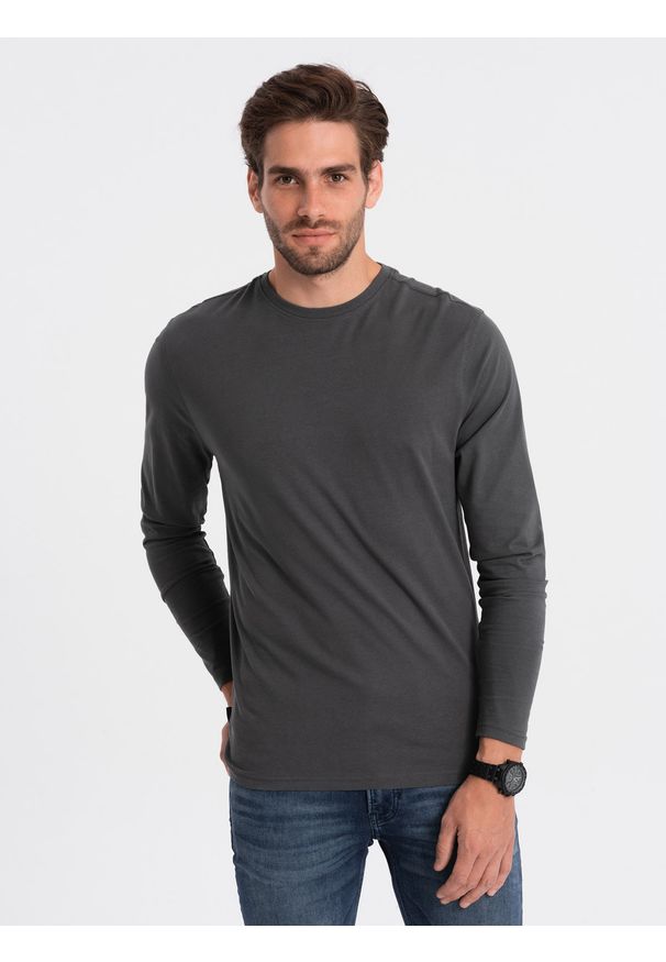 Ombre Clothing - Męski longsleeve BASIC z okrągłym dekoltem - grafitowy V6 OM-LSBL-0106 - XXL. Kolor: szary. Materiał: materiał, bawełna. Długość rękawa: długi rękaw. Wzór: gładki, jednolity. Styl: klasyczny