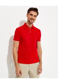 Ralph Lauren - RALPH LAUREN - Czerwona koszulka polo Stretch Slim Fit. Typ kołnierza: polo. Kolor: czerwony. Materiał: bawełna, prążkowany. Wzór: haft #1