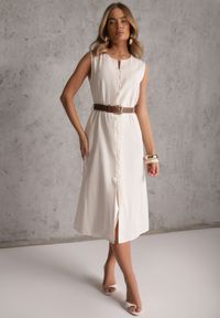 Renee - Beżowa Pudełkowa Sukienka z Wiskozą Bawełną Guzikami i Paskiem Magmaris. Okazja: na co dzień. Kolor: beżowy. Materiał: wiskoza, bawełna. Sezon: wiosna, lato. Styl: casual, elegancki #4