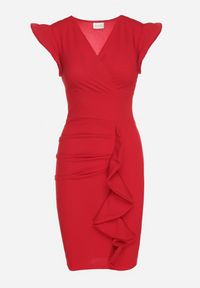Born2be - Czerwona Dopasowana Sukienka z Kopertowy Dekoltem i Falbanką Lunolenia. Typ kołnierza: dekolt kopertowy. Kolor: czerwony. Długość rękawa: krótki rękaw. Typ sukienki: kopertowe. Styl: elegancki #3