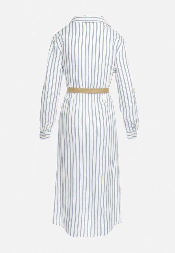 Born2be - Biało-Niebieska Jasna Sukienka Midi w Koszulowym Stylu z Lnem i Paskiem z Klamrą Egogia. Okazja: na co dzień. Kolor: biały. Materiał: len. Długość rękawa: długi rękaw. Wzór: aplikacja. Typ sukienki: koszulowe. Styl: casual, klasyczny, elegancki. Długość: midi