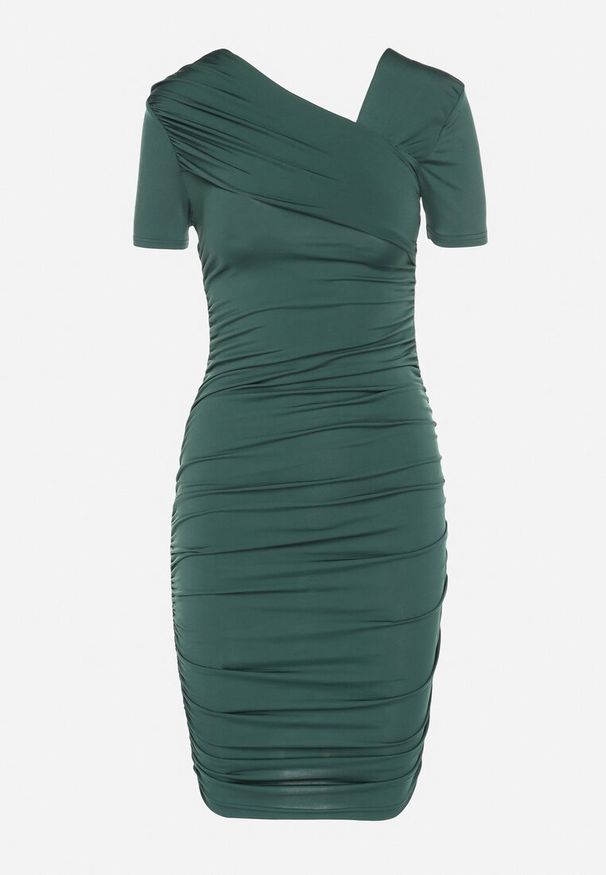 Born2be - Zielona Dopasowana Sukienka o Asymetrycznym Kroju Ozdobiona Marszczeniem Sopane. Kolor: zielony. Wzór: aplikacja. Typ sukienki: asymetryczne. Styl: klasyczny