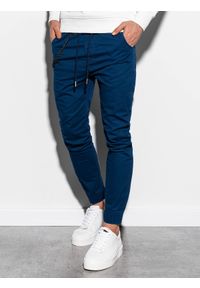 Ombre Clothing - Spodnie męskie materiałowe JOGGERY z ozdobnym sznurkiem - granatowe V9 P908 - XXL. Kolor: niebieski. Materiał: materiał #6