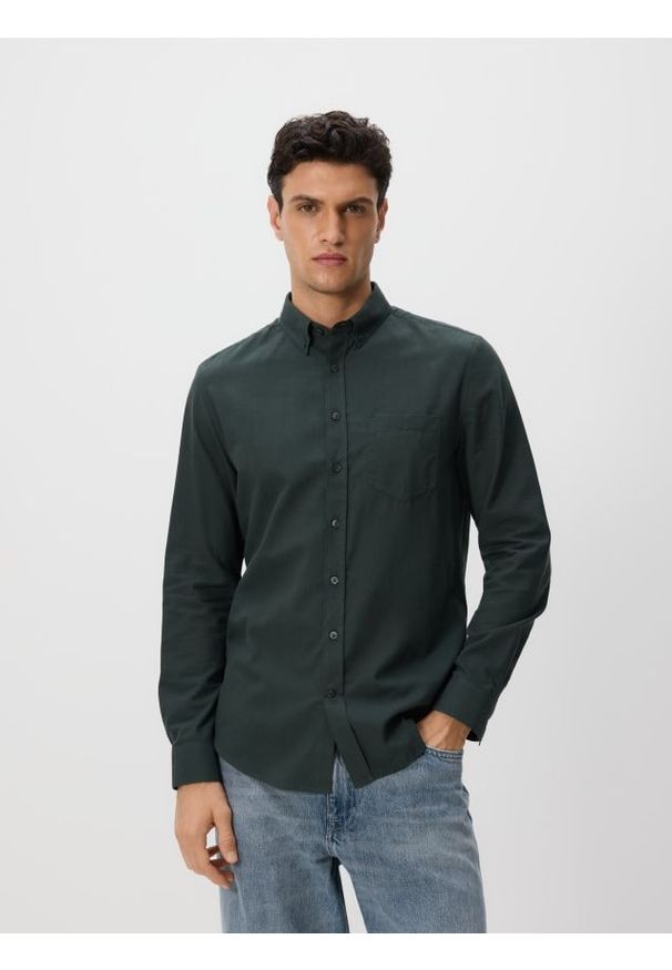 Reserved - Bawełniana koszula slim fit - ciemnozielony. Kolor: zielony. Materiał: bawełna