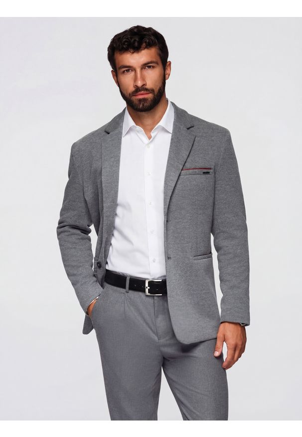 Ombre Clothing - Dzianinowa męska marynarka o dopasowanym kroju - jasnoszara V2 - Rozmiar: M. Okazja: na co dzień, na spotkanie biznesowe, do pracy. Kolor: szary. Materiał: dzianina. Styl: casual, biznesowy, elegancki, klasyczny