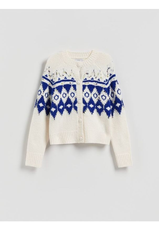 Reserved - Wzorzysty kardigan - niebieski. Kolor: niebieski. Materiał: dzianina, wełna