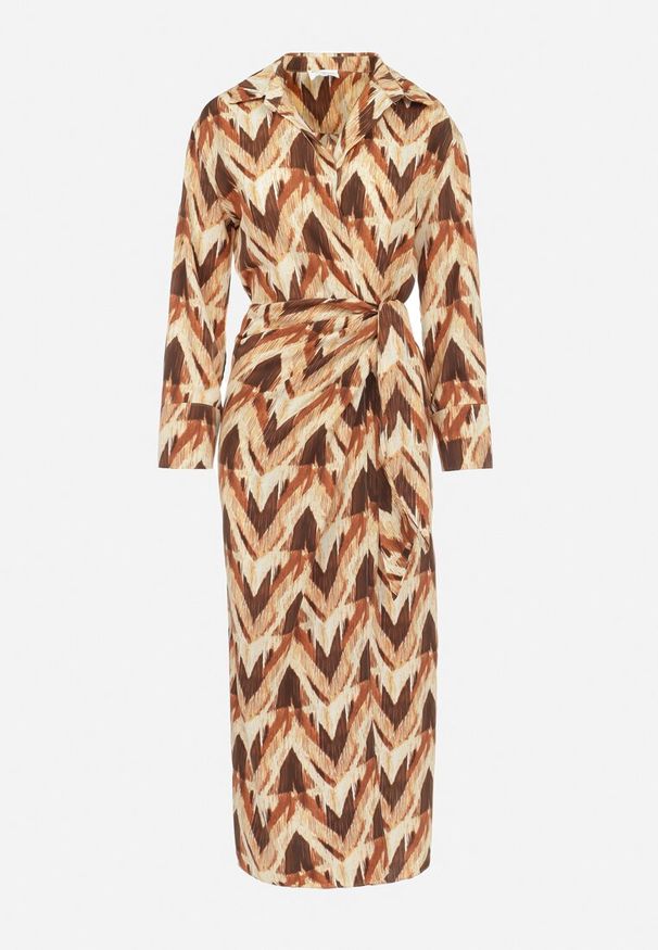 Born2be - Beżowo-Brązowa Sukienka Kopertowa w Geometryczny Wzór Cherli. Okazja: na co dzień. Typ kołnierza: dekolt w kształcie V. Kolor: beżowy. Materiał: skóra. Długość rękawa: długi rękaw. Wzór: geometria. Typ sukienki: kopertowe. Styl: casual