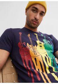 bonprix - T-shirt z czystej bawełny, slim fit. Kolor: niebieski. Materiał: bawełna. Wzór: nadruk #2