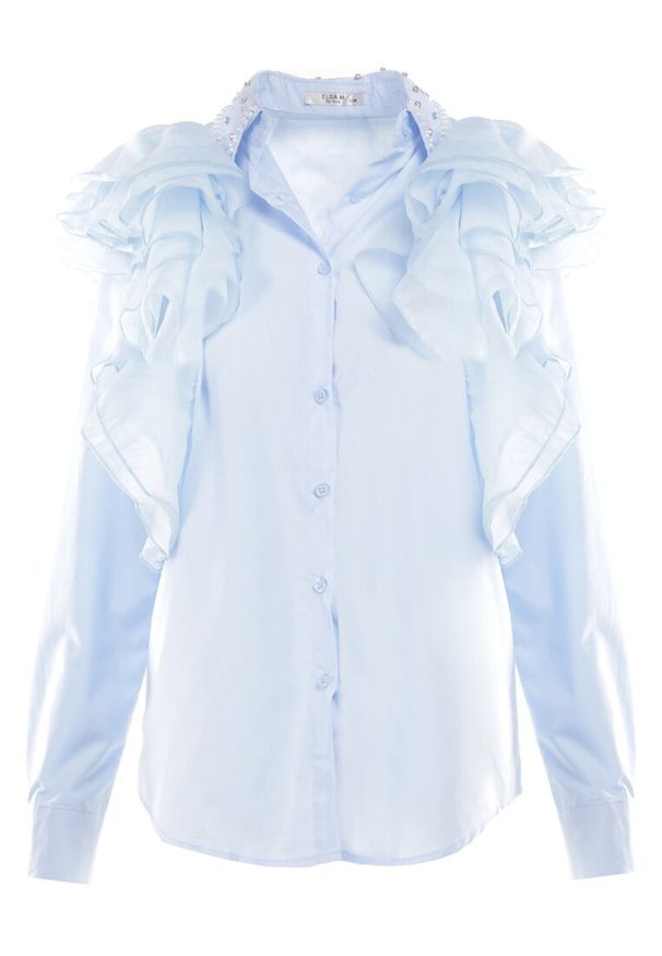 Born2be - Niebieska Koszula Hamal. Okazja: na spotkanie biznesowe, do pracy, na co dzień. Typ kołnierza: kołnierz z falbankami, kolnierz wykładany. Kolor: niebieski. Materiał: tkanina. Długość rękawa: długi rękaw. Długość: długie. Wzór: gładki, jednolity. Styl: casual, klasyczny, biznesowy