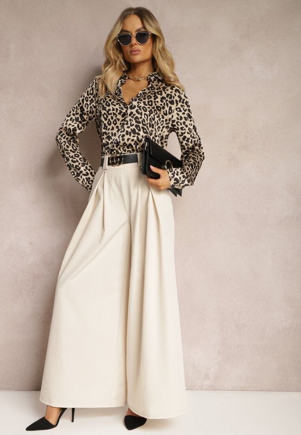 Renee - Beżowe Spodnie High Waist z Szerokimi Nogawkami i Paskiem Brillara. Stan: podwyższony. Kolor: beżowy