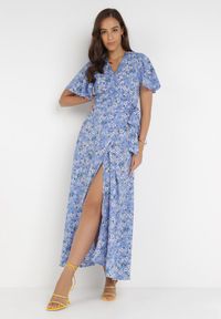 Born2be - Niebieska Sukienka Theminophe. Okazja: na co dzień. Kolor: niebieski. Materiał: tkanina, wiskoza, materiał. Wzór: kropki. Typ sukienki: rozkloszowane, kopertowe, proste. Styl: casual. Długość: maxi #8