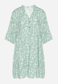 Born2be - Zielona Bawełniana Sukienka w Kwiaty o Rozkloszowanym Kroju Jenaleira. Okazja: na co dzień. Typ kołnierza: dekolt w serek. Kolor: zielony. Materiał: bawełna. Długość rękawa: krótki rękaw. Wzór: kwiaty. Styl: klasyczny, casual #5