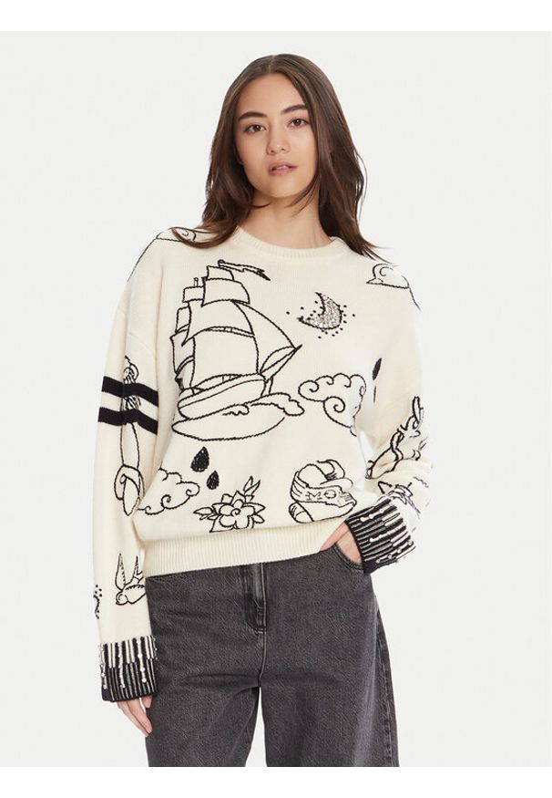 Pinko - PINKO Sweter Andros 105427 A2PK Écru Regular Fit. Materiał: wełna