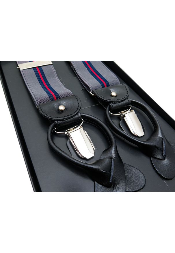 Modini - Szare szelki na guziki z granatowym i czerwonym paskiem G17. Kolor: szary, wielokolorowy, czerwony, niebieski. Materiał: skóra, guma