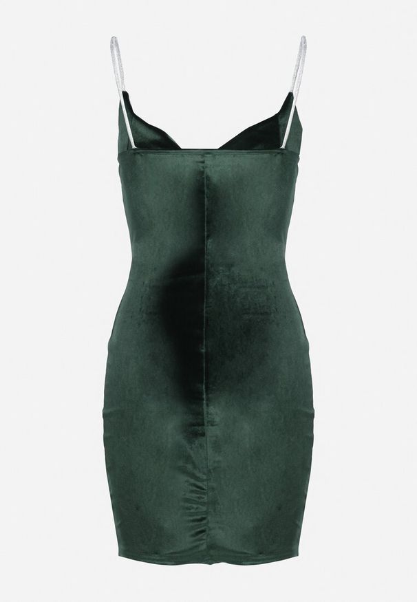 Born2be - Zielona Dopasowana Sukienka Welurowa z Kopertowym Dekoltem Evicco. Typ kołnierza: dekolt kopertowy. Kolor: zielony. Materiał: welur. Wzór: aplikacja. Typ sukienki: kopertowe. Styl: elegancki