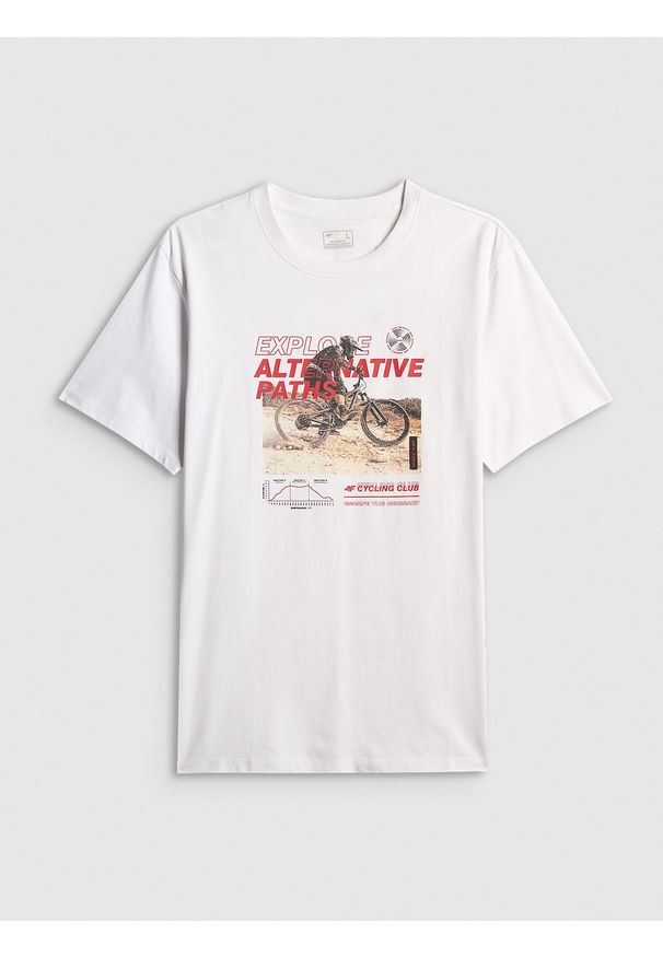 4f - 4F T-shirt relaxed z nadrukiem męski - biały M. Okazja: na co dzień. Kolor: biały. Materiał: dzianina, materiał, dresówka, bawełna, jeans. Wzór: nadruk. Styl: casual, klasyczny