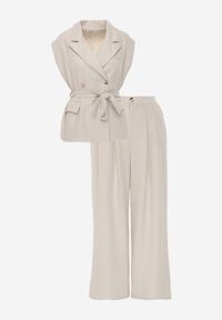 Renee - Beżowy Wiskozowy Komplet Garniturowy Spodnie Wide Leg i Kamizelka z Paskiem Elyenryl. Kolor: beżowy. Materiał: wiskoza #4