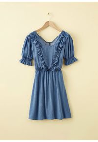 Sukienka z falbanami bonprix niebieski dżins - szary w groszki. Kolor: niebieski. Wzór: grochy #6