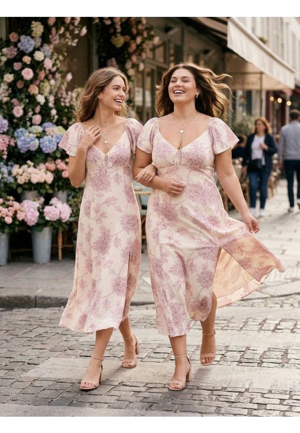 Sinsay - Wiskozowa sukienka midi z rozcięciem w kwiaty - wielobarwny. Materiał: wiskoza. Wzór: kwiaty. Długość: midi