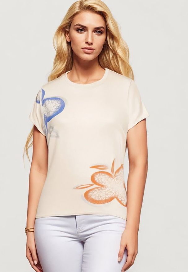 Born2be - Beżowy Klasyczny T-shirt z Bawełny Ozdobiony Nadrukiem i Cyrkoniami Kristinae. Okazja: na co dzień. Kolor: beżowy. Materiał: bawełna. Wzór: aplikacja, nadruk. Styl: klasyczny