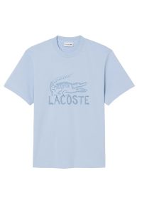 Koszulka męska Lacoste TH1427-HBA - niebieska. Kolor: niebieski. Materiał: bawełna, poliester. Długość rękawa: krótki rękaw. Długość: krótkie. Wzór: nadruk, aplikacja #1