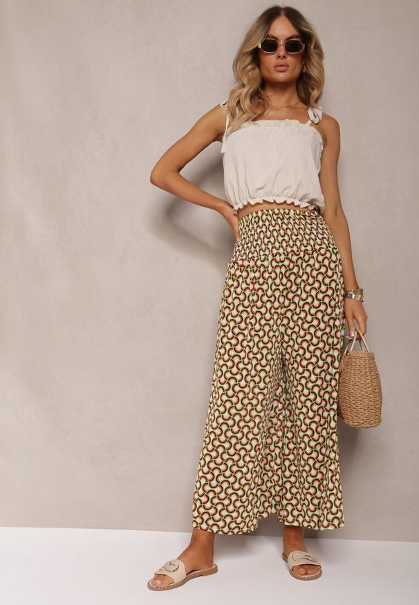 Renee - Jasnozielone Spodnie Culotes z Szerokimi Nogawkami i Gumką w Talii Demia. Okazja: na co dzień. Kolor: zielony. Materiał: materiał. Sezon: wiosna, lato. Styl: casual, elegancki