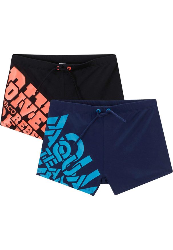 bonprix - Spodenki kąpielowe (2 pary). Kolor: niebieski. Wzór: nadruk, napisy