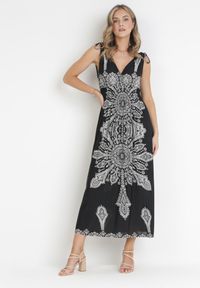 Born2be - Czarna Sukienka w Stylu Boho z Gumką w Talii i Sznurkami przy Ramionach Niree. Kolor: czarny. Styl: boho #3