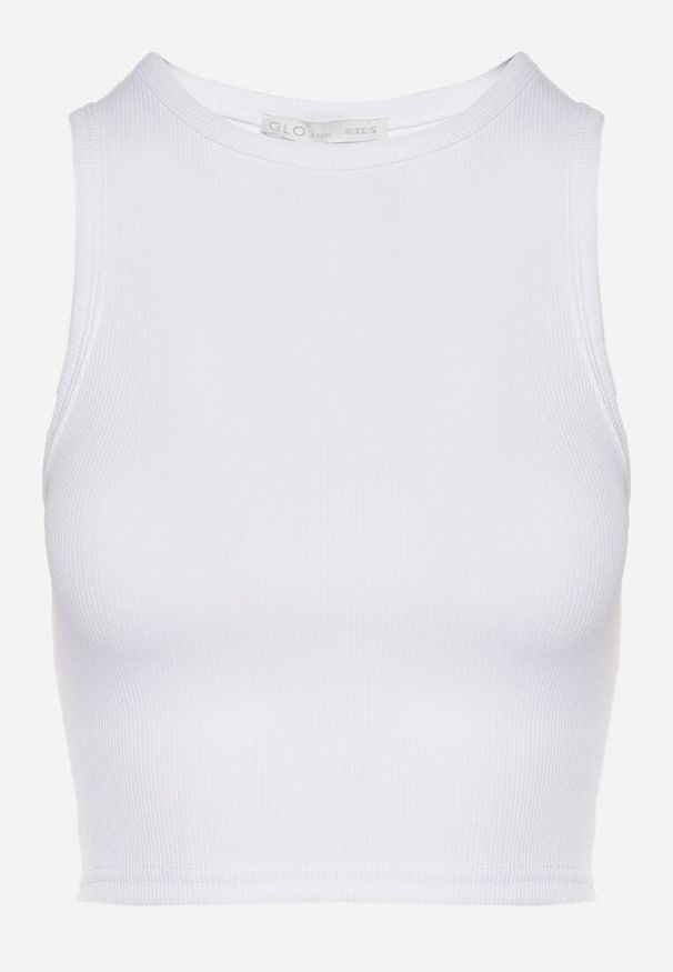 Born2be - Biały Krótki Tank Top z Prążkowanej Tkaniny Nevallia. Okazja: na co dzień. Kolor: biały. Materiał: tkanina, prążkowany. Długość: krótkie. Styl: klasyczny, elegancki, casual