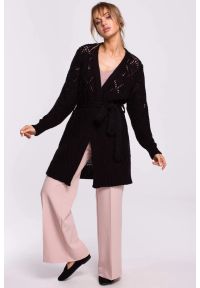 Sukienki.shop - Długi kardigan ażurowy sweter z paskiem czarny. Kolor: czarny. Długość: długie. Wzór: ażurowy #1