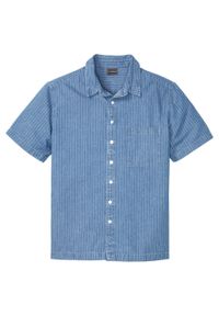 Koszula dżinsowa z krótkim rękawem, Slim Fit bonprix niebieski "bleached" w paski. Kolor: niebieski. Długość rękawa: krótki rękaw. Długość: krótkie. Wzór: paski