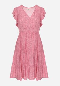 Renee - Różowa Sukienka Phaerica. Typ kołnierza: kokarda. Kolor: różowy. Materiał: wiskoza, materiał, jeans. Wzór: nadruk, kwiaty. Długość: mini #3