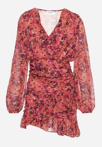 Born2be - Czerwona Dopasowana Sukienka w Kwiaty z Marszczeniem i Falbankami Mirilia. Okazja: na co dzień. Typ kołnierza: kołnierz z falbankami. Kolor: czerwony. Materiał: jeans. Wzór: kwiaty. Styl: casual #4