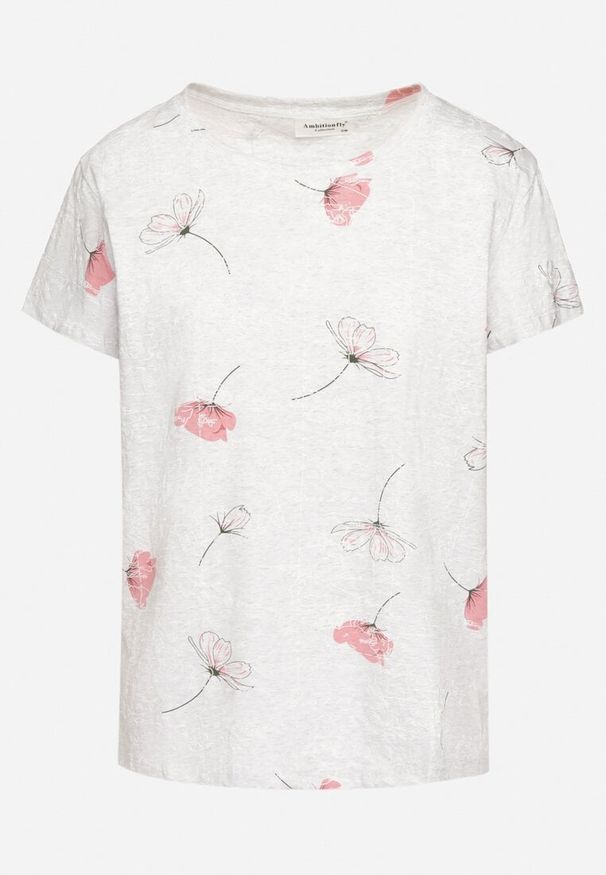 Born2be - Jasnoszary T-shirt z Bawełny w Kwiatowy Wzór Acevianna. Okazja: na co dzień. Kolor: szary. Materiał: bawełna. Wzór: kwiaty. Styl: elegancki, casual